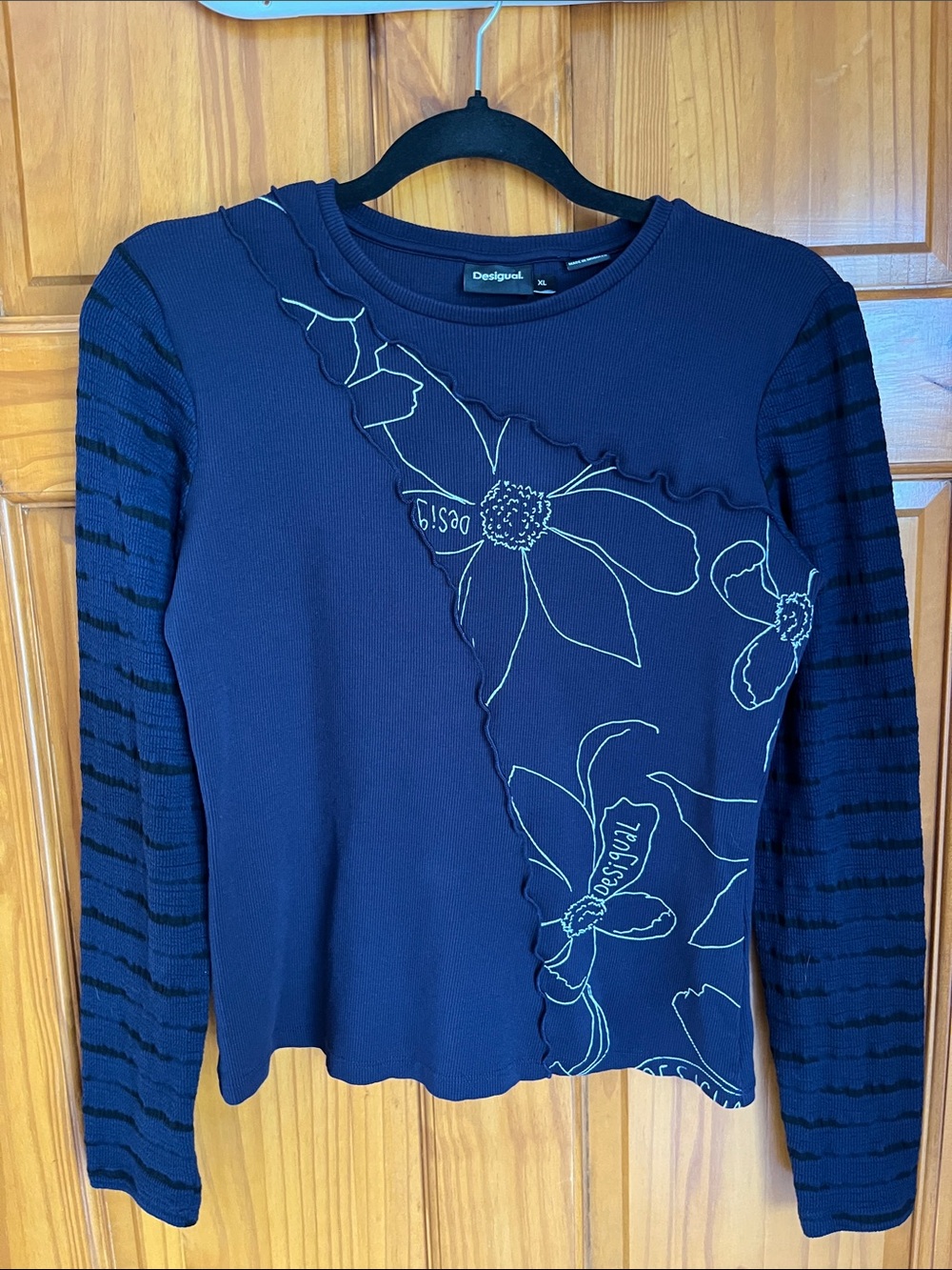 Desigual Navy Floral-Panel Long Sleeve Tee with Stripe Sleeves